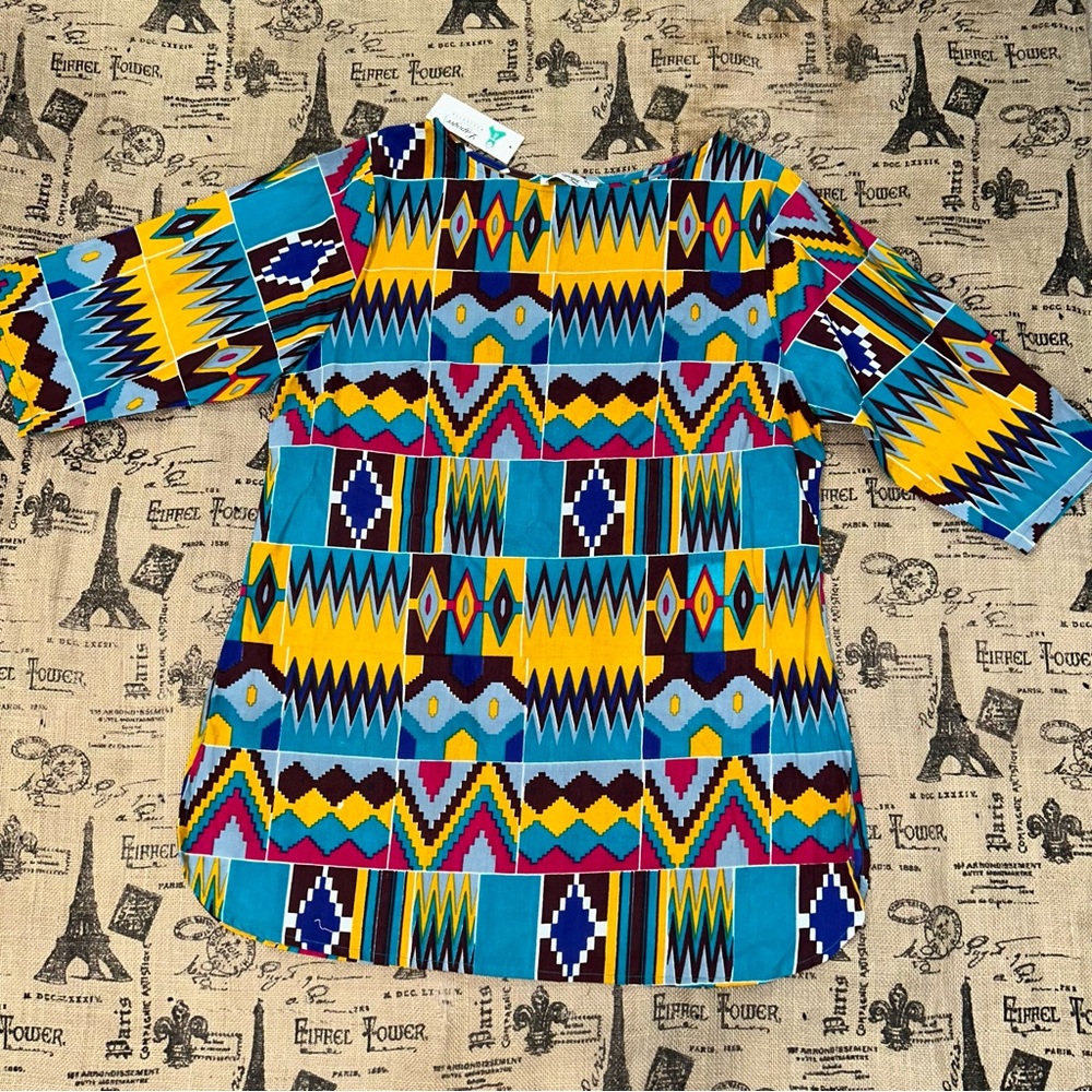 Lapogee NWT! Made In India Yellow /Blue African Retro Boho Med Sleeve Blouse